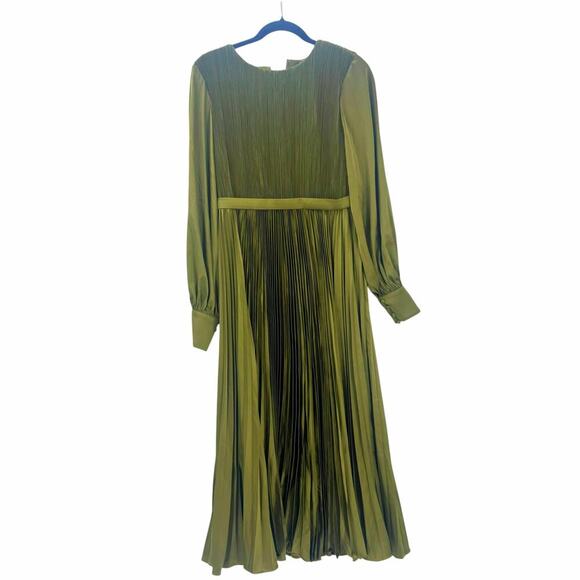 Mac Duggal Long Sleeve Pleated Satin Cocktail Mid Dress Olive Green Size 12 NWT - Picture 5 of 9